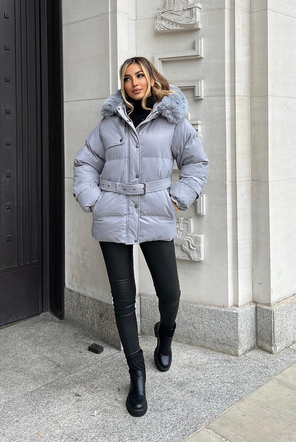 Grey Side Flap Faux Fur Hood Puffer Coat - Rosa - Storm Desire