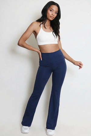 Aliyah ruched push-up flare trousers in navy, front full view