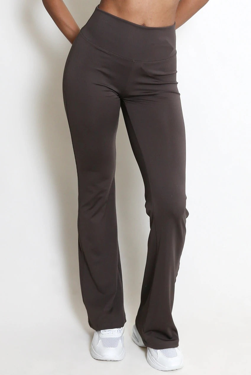 Ruched push-up flare trousers, brown, front view with gathered hip panel