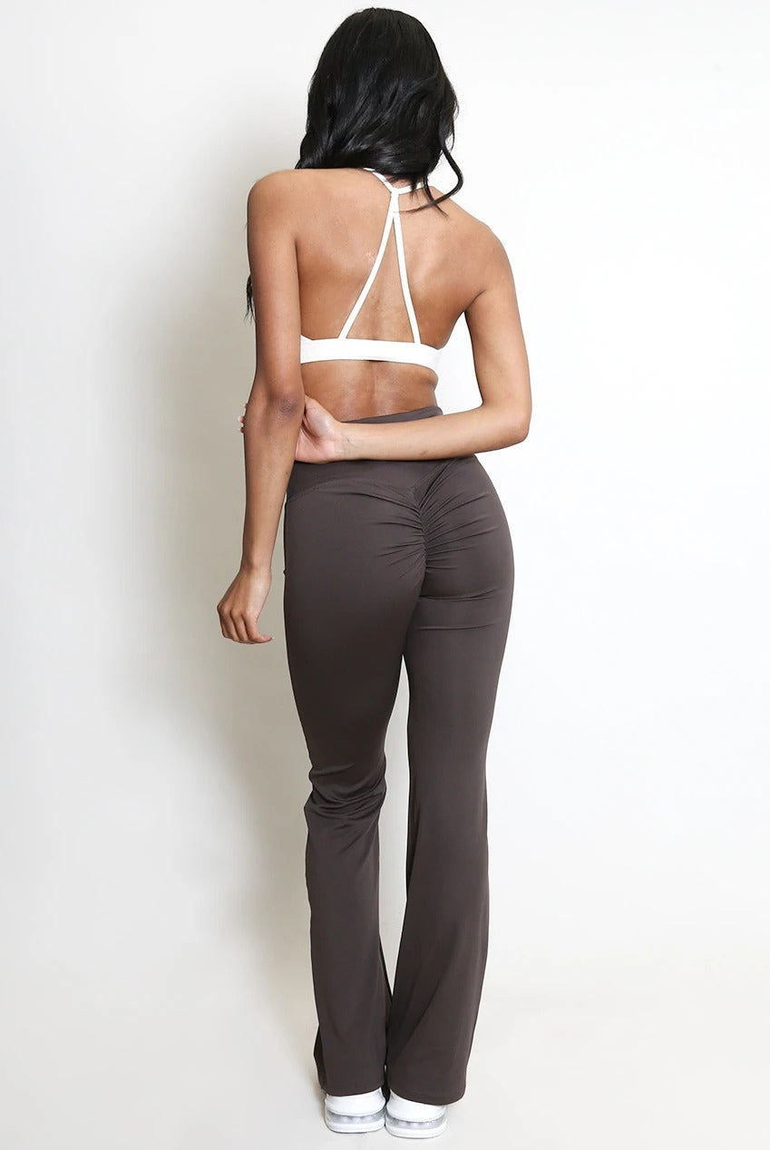 Ruched push-up flare trousers, dark grey, back view with open triangle strap waistband