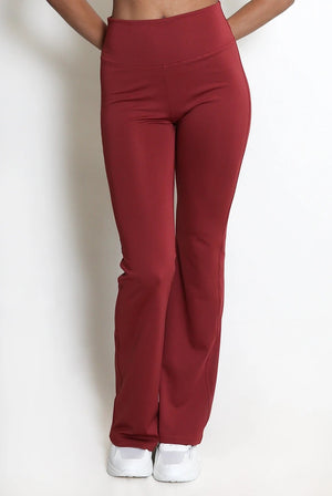 Aliyah ruched push-up flare trousers in wine red, front full view