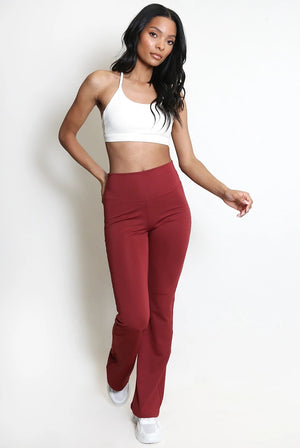 Aliyah ruched push-up flare trousers in wine red, side view