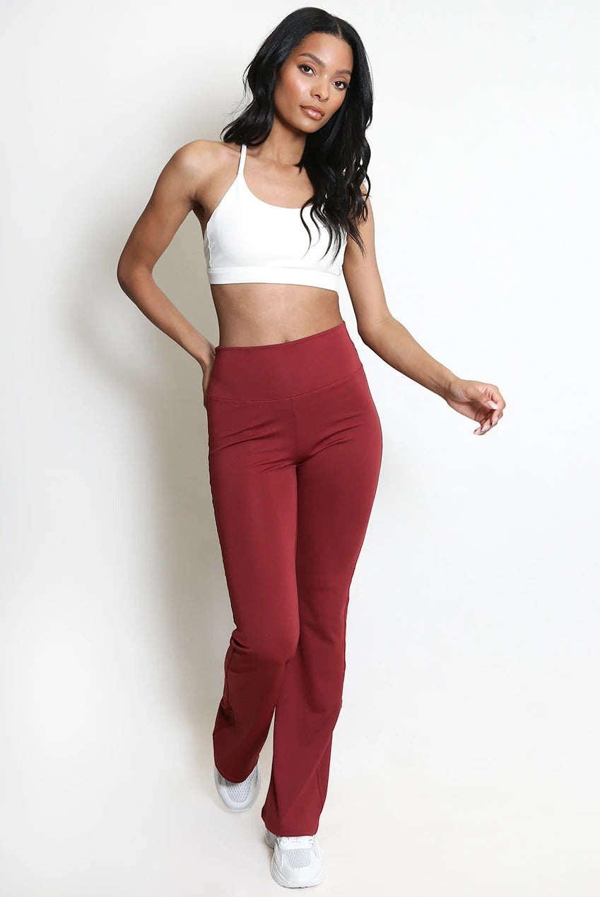 Aliyah ruched push-up flare trousers in wine red, side view