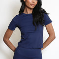 Crew neck active t-shirt in navy blue, short sleeves, fitted athletic style.