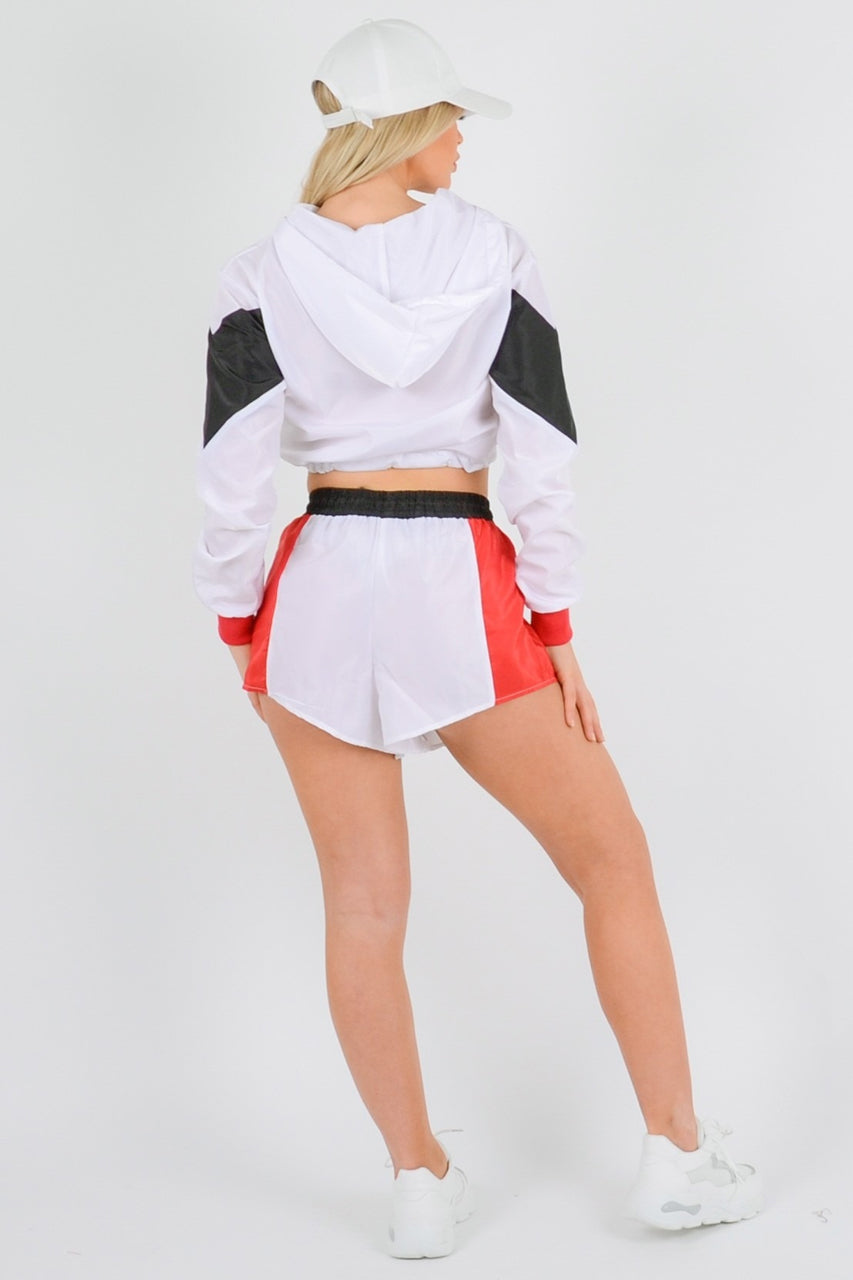White Colour Block Crop Jacket & Shorts Co-ord Set - Ramona - Storm Desire