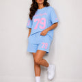 Baseball stripe oversized T-shirt and shorts set, baby blue with pink 78/79 print