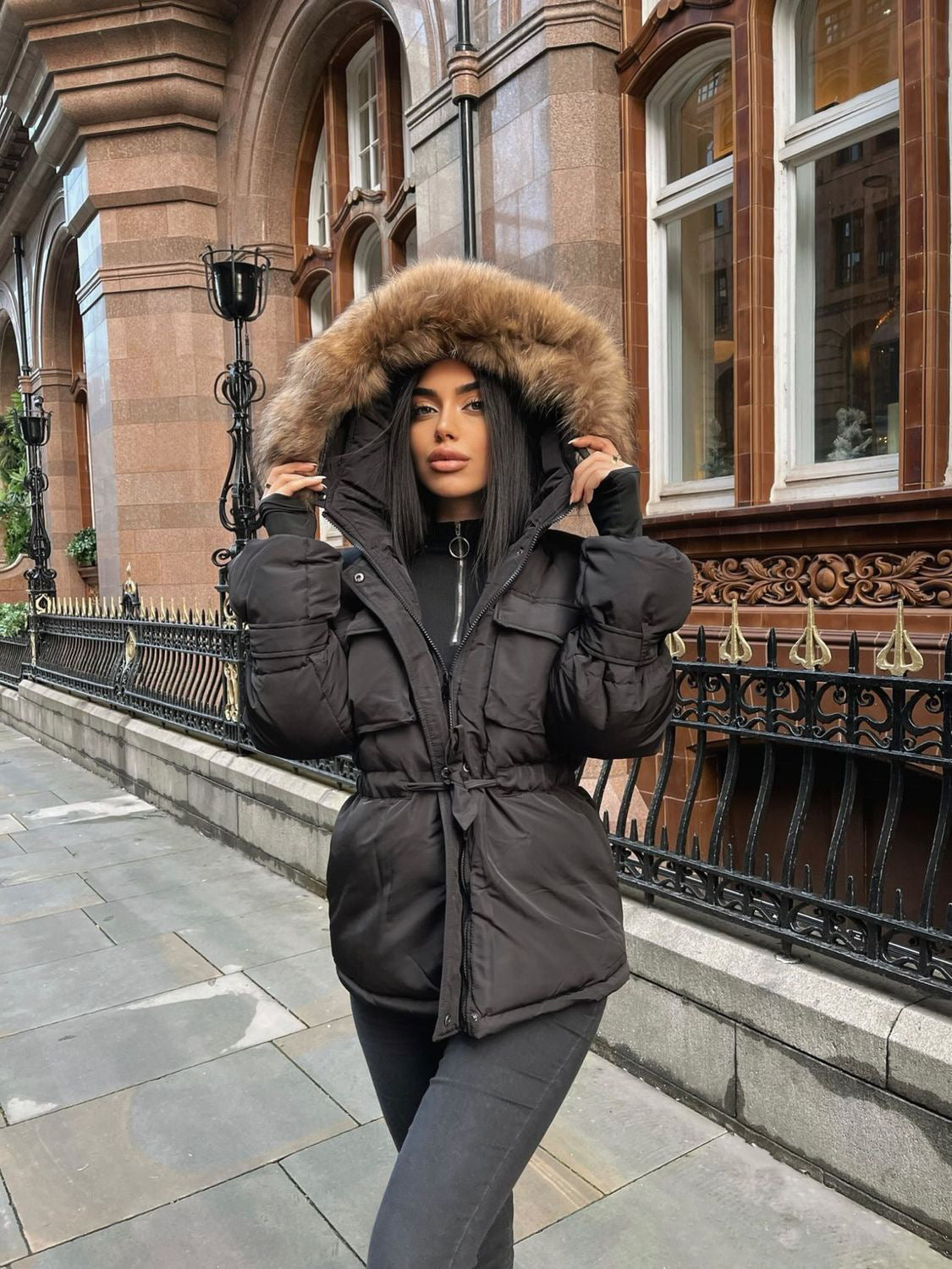 Black Natural Fur Hood Attentif Tie Up Puffer Jacket - Jemima - Storm Desire