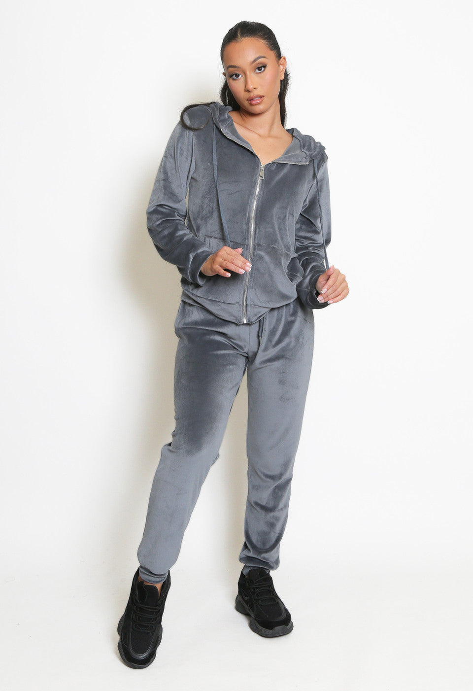 Grey Velvet Hooded Loungewear Set -  Megan - Storm Desire