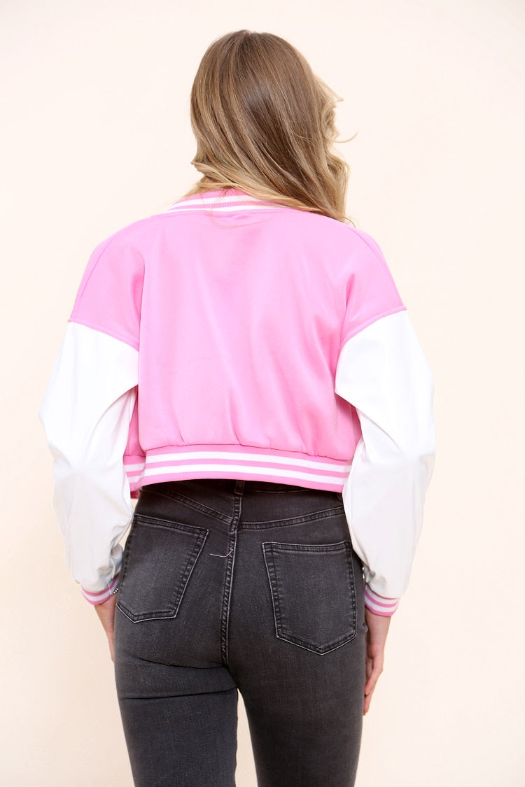 Pink Varsity B Slogan Crop Baseball Jacket - Yasmin - Storm Desire