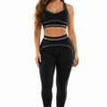 Black striped crop top and leggings gym set with black-and-white waistband, full view