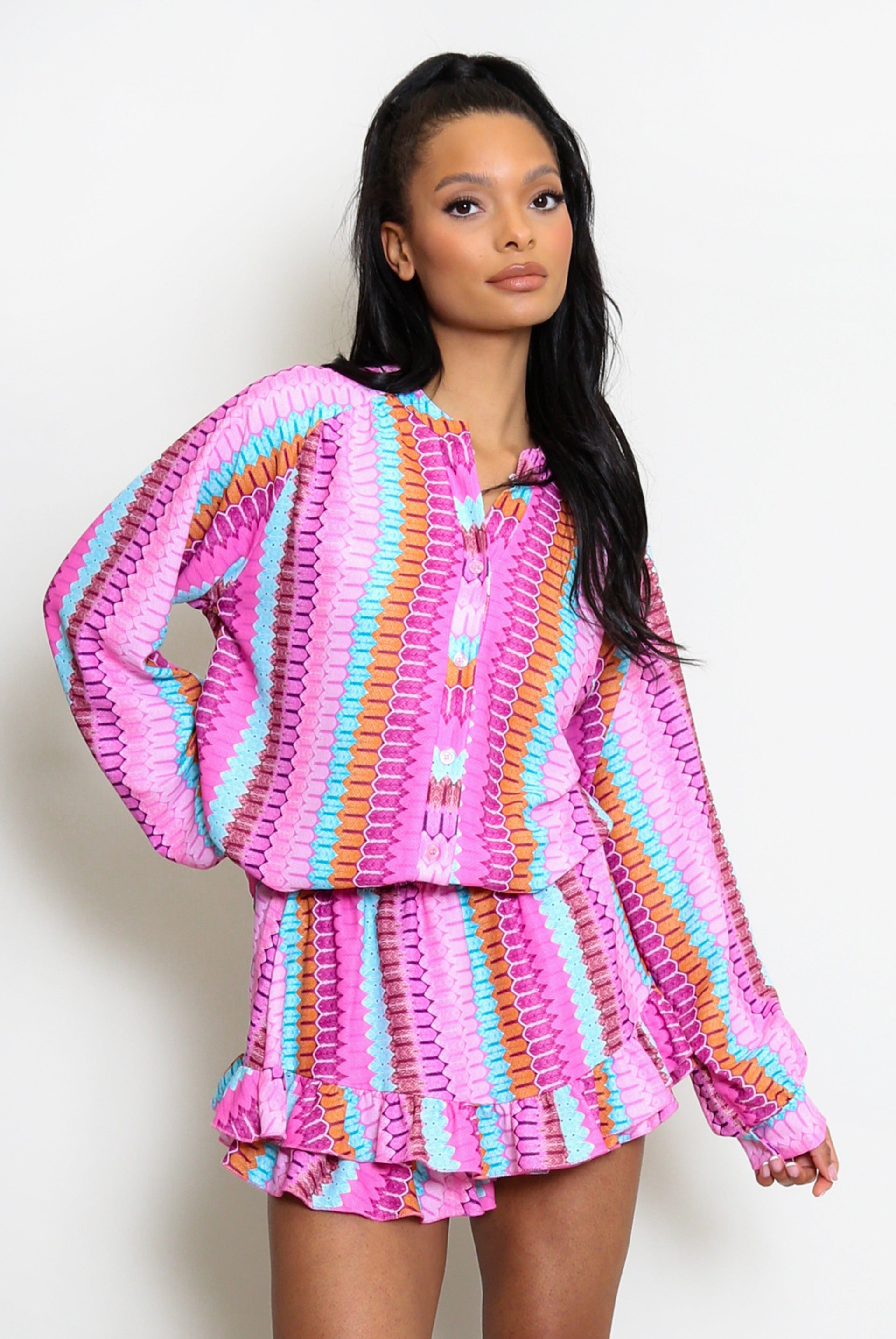 Pink Stripe Print Blouse And Frill Skort Set - Maya - Storm Desire