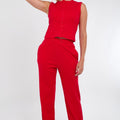Red sleeveless ribbed button-up top with matching wide-leg trousers co-ord set