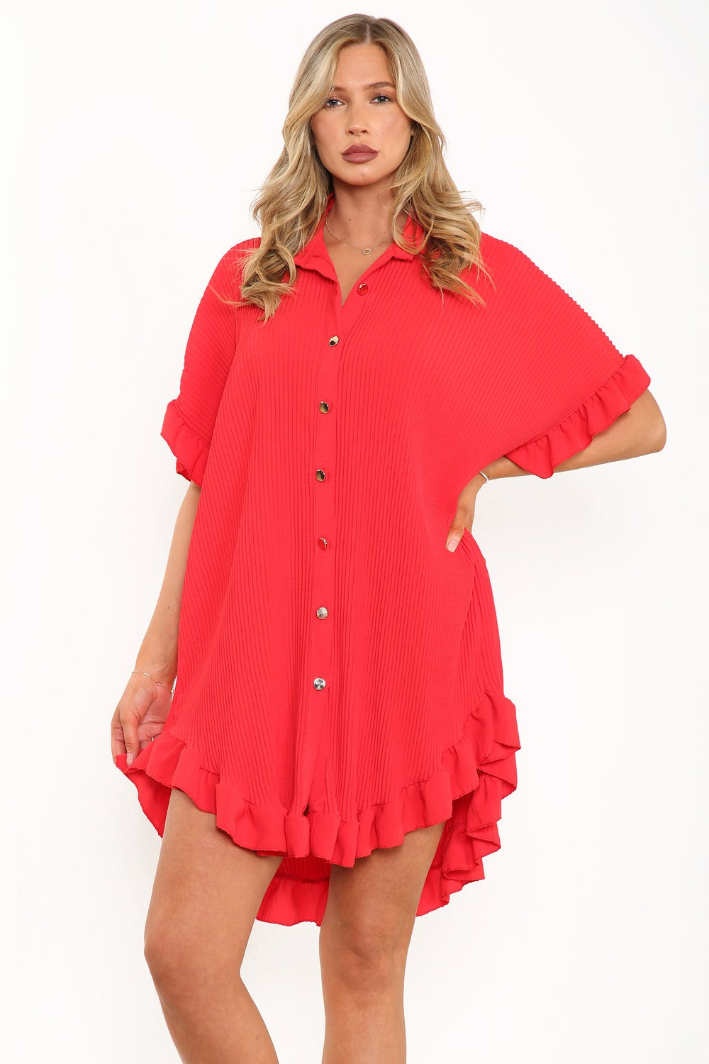 Red Pleated Frill Oversize Shirt - Ocean - Storm Desire