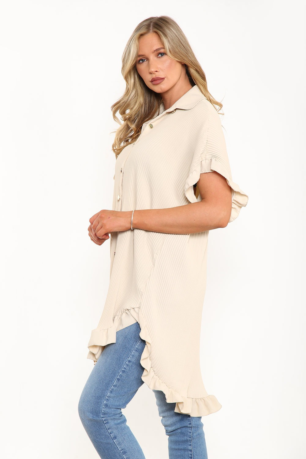 Beige Pleated Frill Oversize Shirt - Ocean - Storm Desire