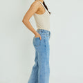 Blue sequin-detailed denim jeans with straight leg and visible side seam