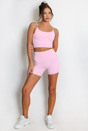 Inaya active strappy crop top and shorts set, lilac color, spaghetti straps