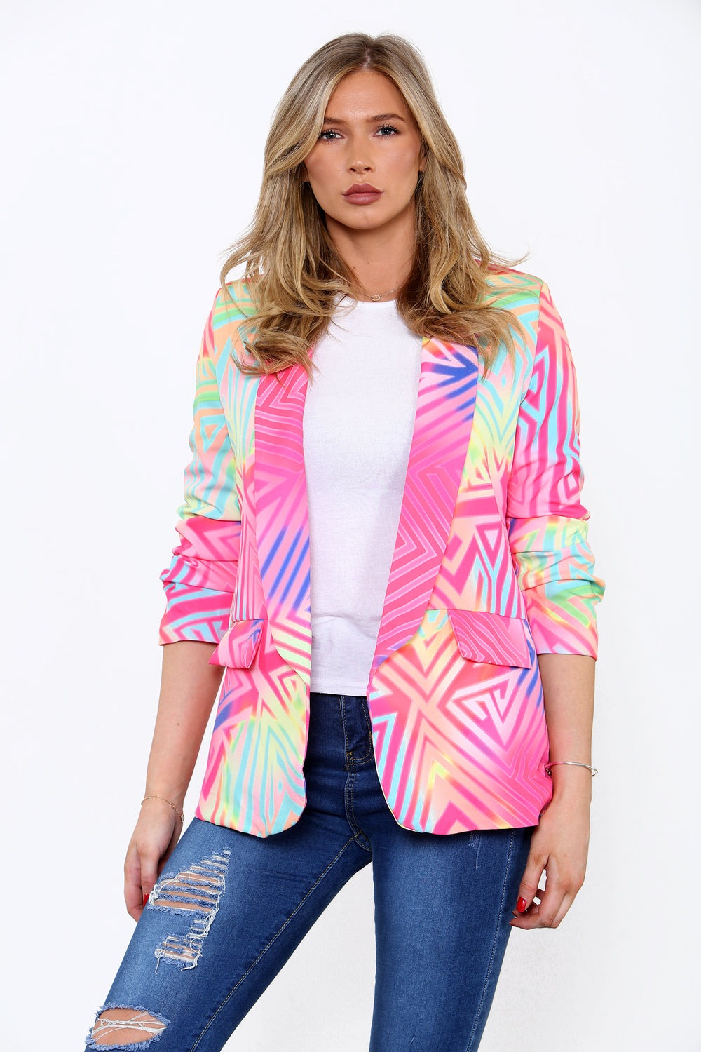 Pink Geometric Print Open Blazer - Abby - Storm Desire