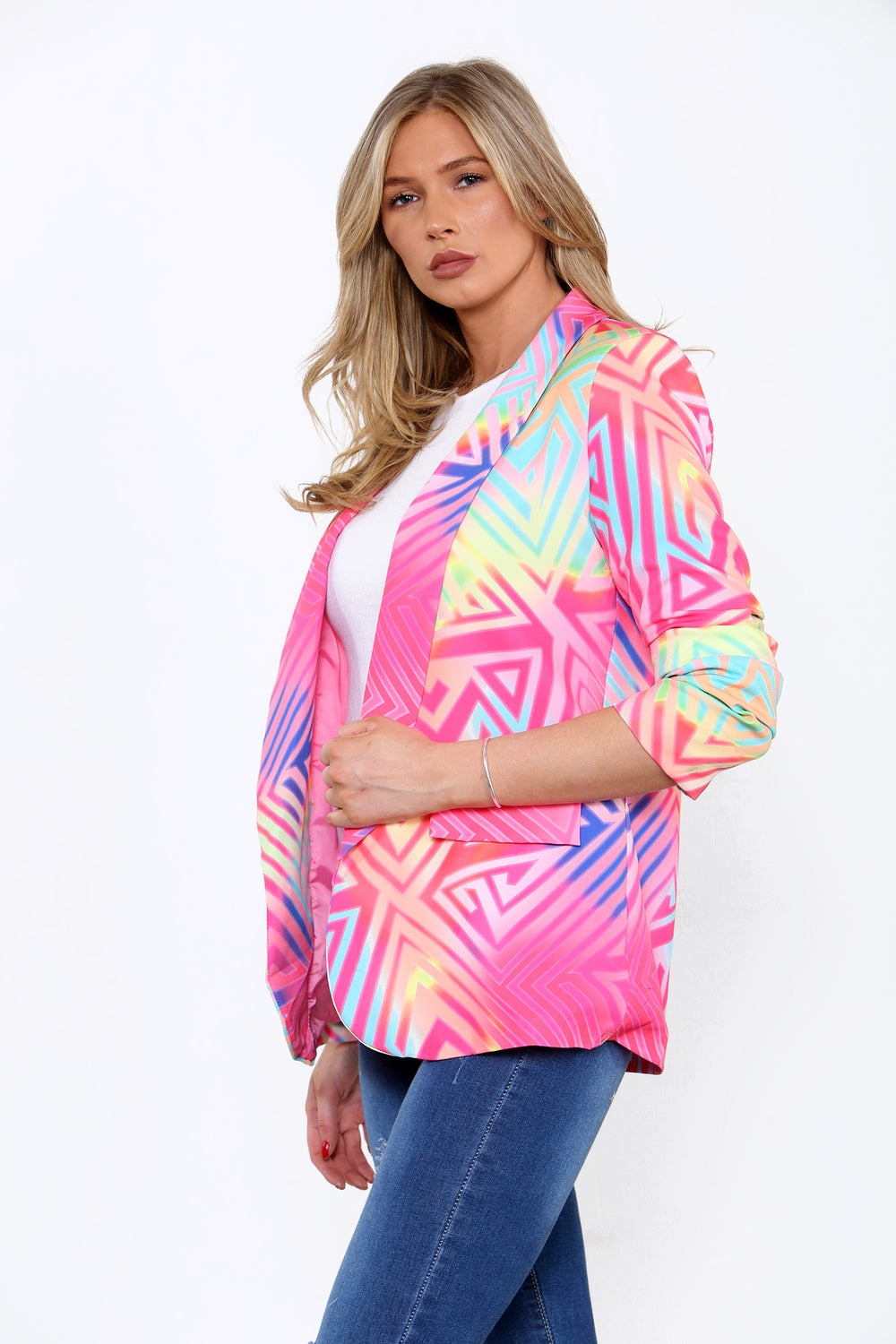 Pink Geometric Print Open Blazer - Abby - Storm Desire