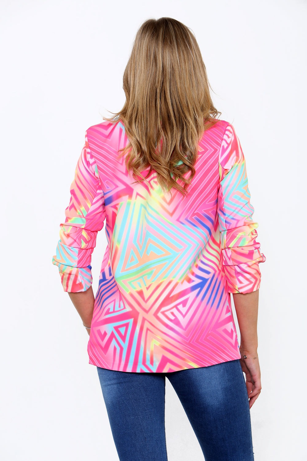Pink Geometric Print Open Blazer - Abby - Storm Desire