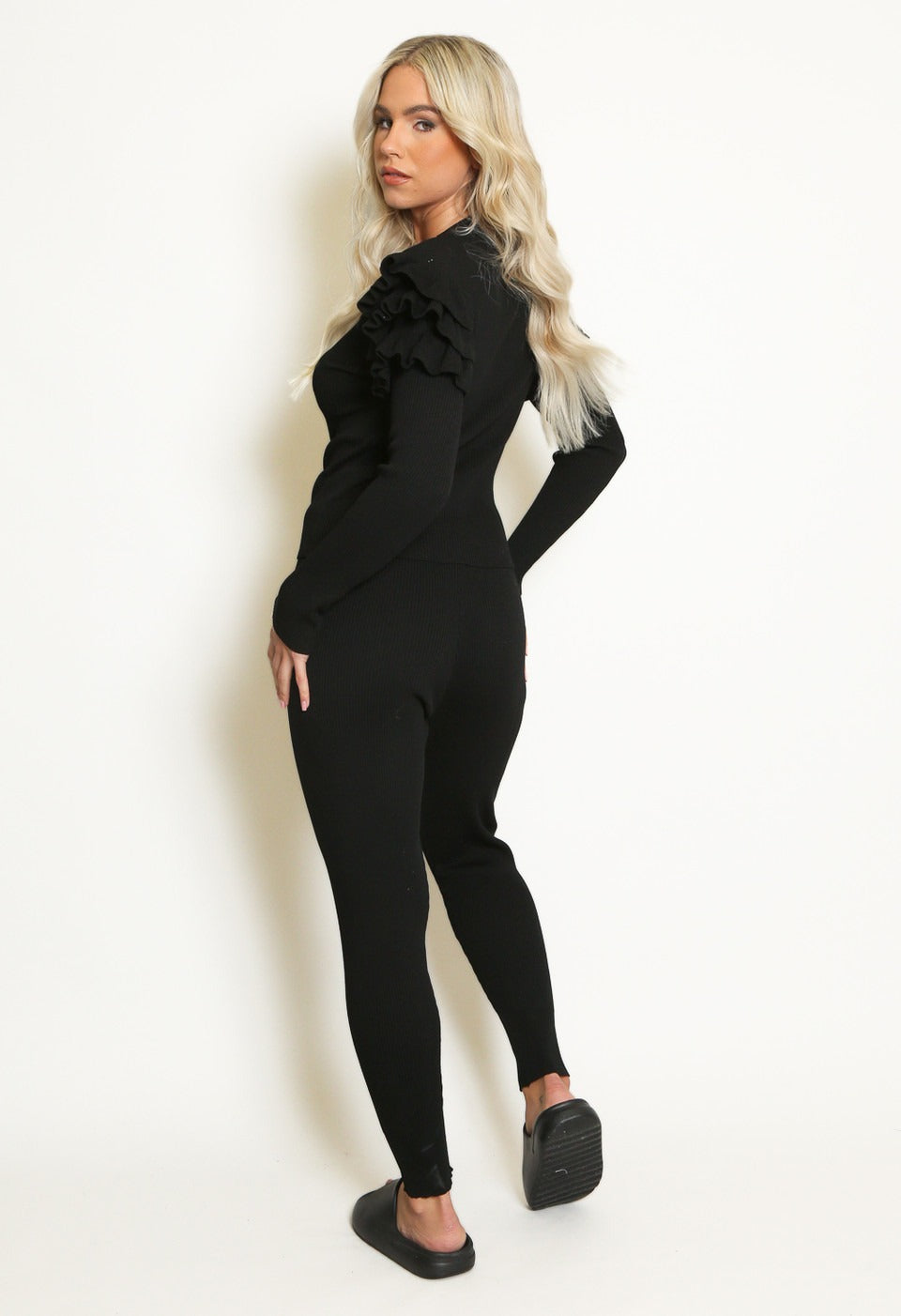 Black Ribbed Knitted Ruffle Jumper & Legging Set - Lacey - Storm Desire