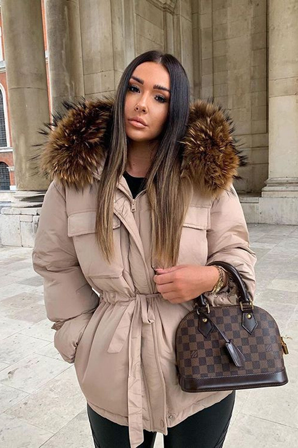 Beige Natural Fur Hood Attentif Puffer Jacket - Jemima - Storm Desire