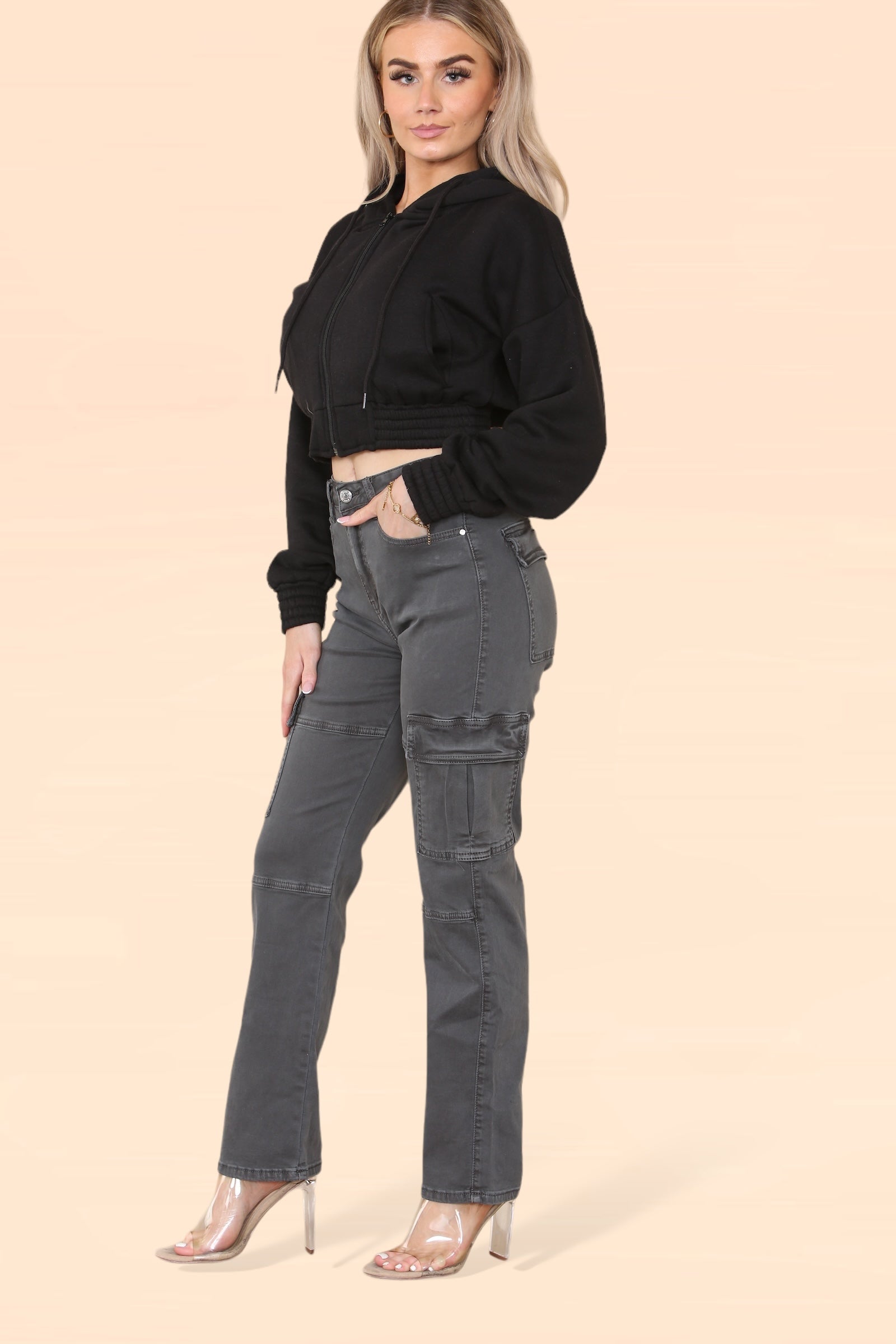 Grey Denim Cargo Trousers - Elizabeth - Storm Desire