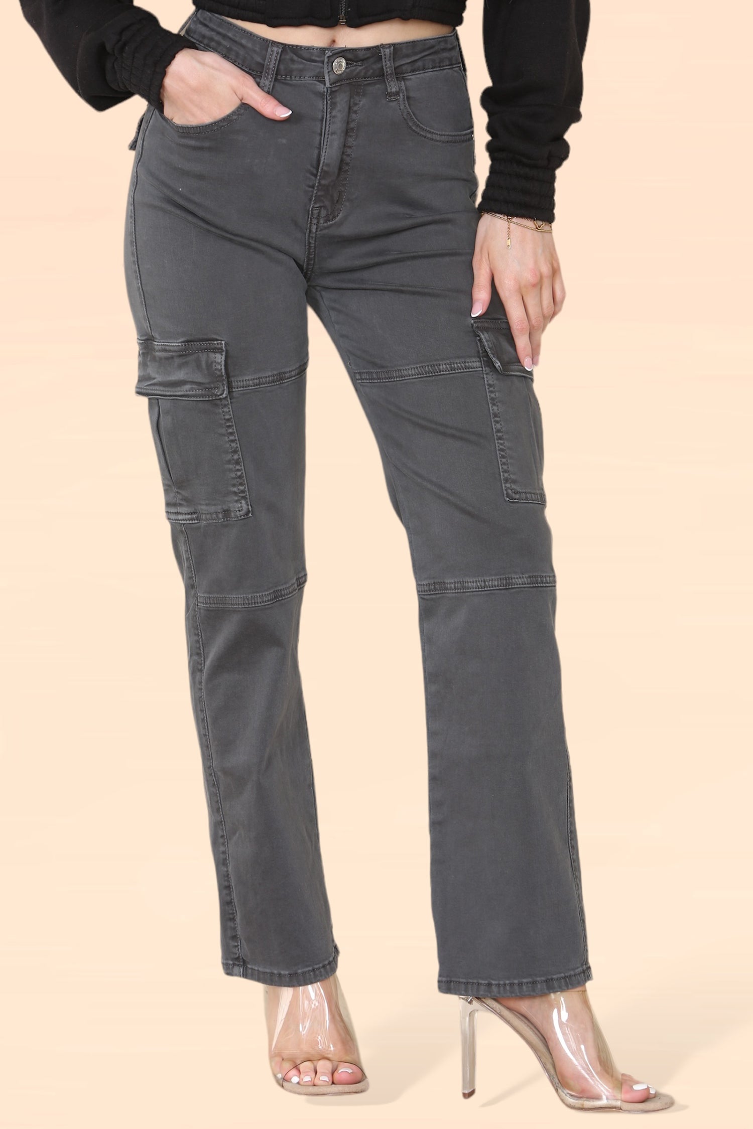 Grey Denim Cargo Trousers - Elizabeth - Storm Desire