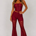 Wine lace corset top with front eyelet lacing and matching flared lace trousers set