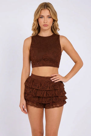 Brown lace sleeveless crop top with tiered frill mini skort