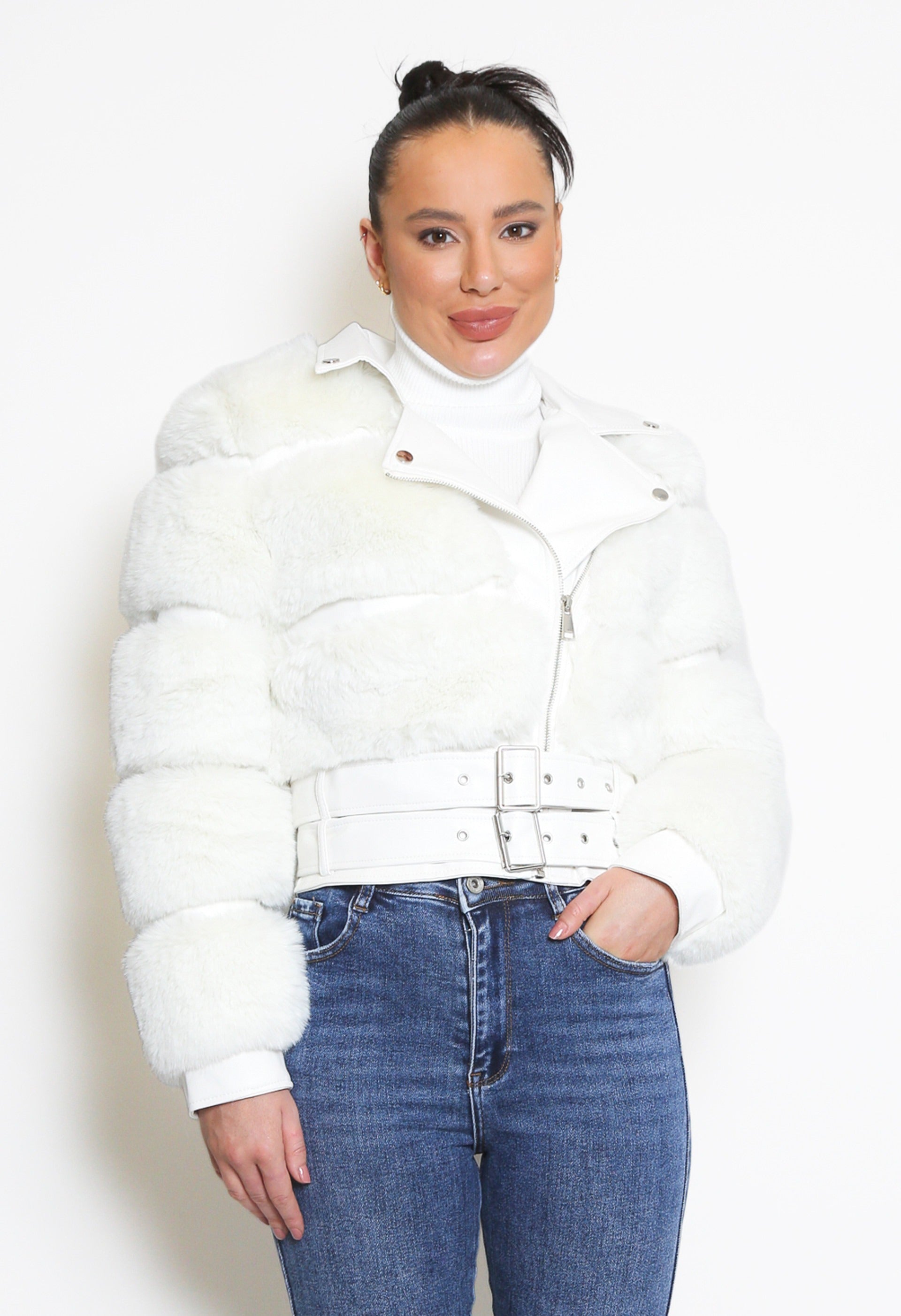 White Faux Fur Panel Biker Jacket - Penelope - Storm Desire
