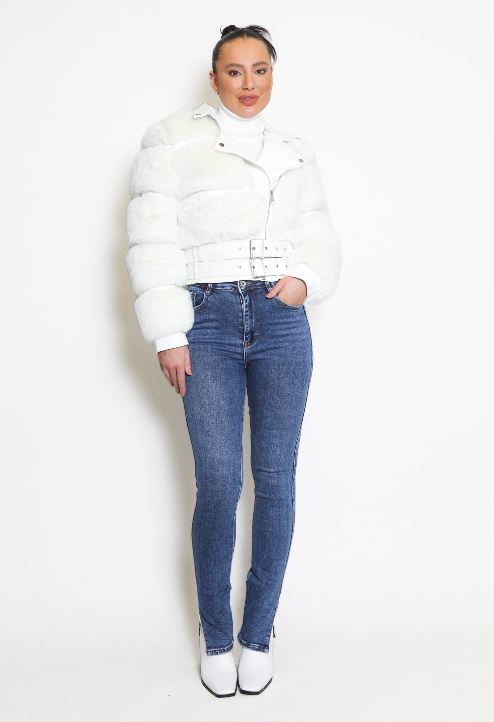 White Faux Fur Panel Biker Jacket - Penelope - Storm Desire