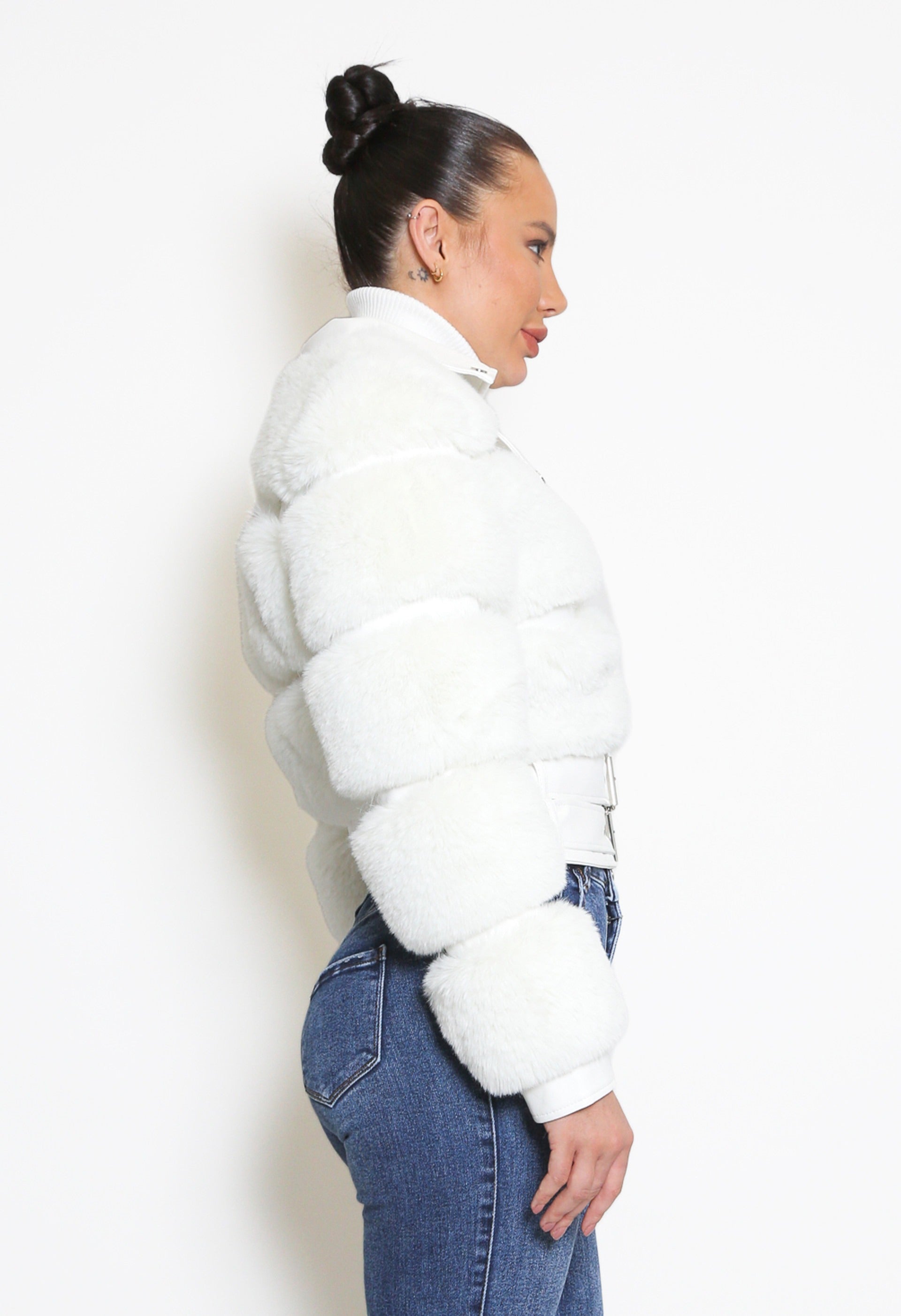 White Faux Fur Panel Biker Jacket - Penelope - Storm Desire