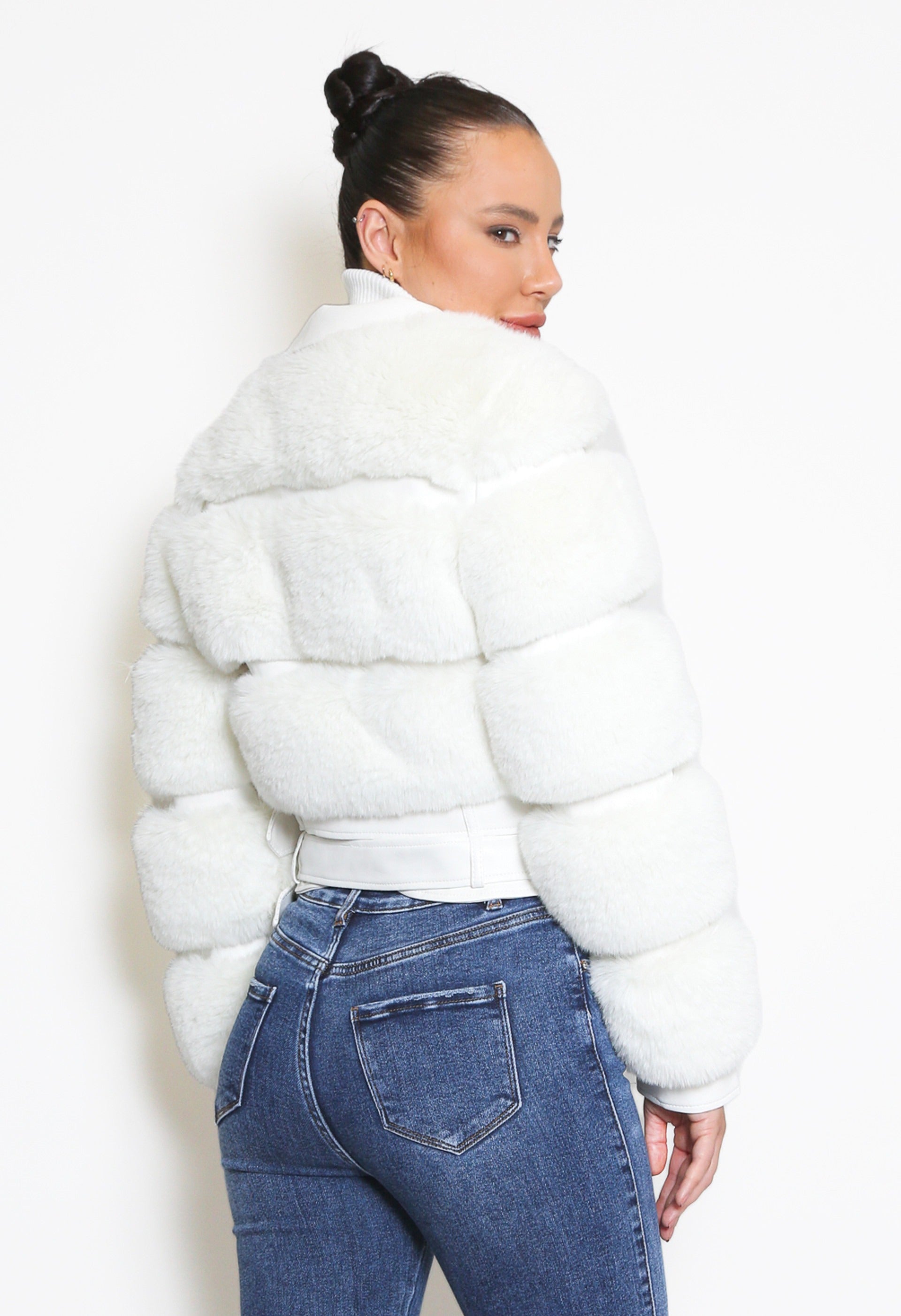 White Faux Fur Panel Biker Jacket - Penelope - Storm Desire