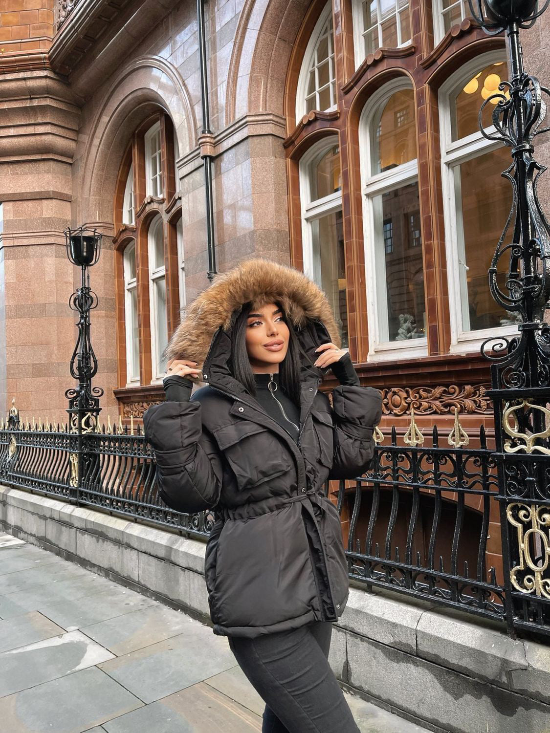 Black Natural Fur Hood Attentif Tie Up Puffer Jacket - Jemima - Storm Desire