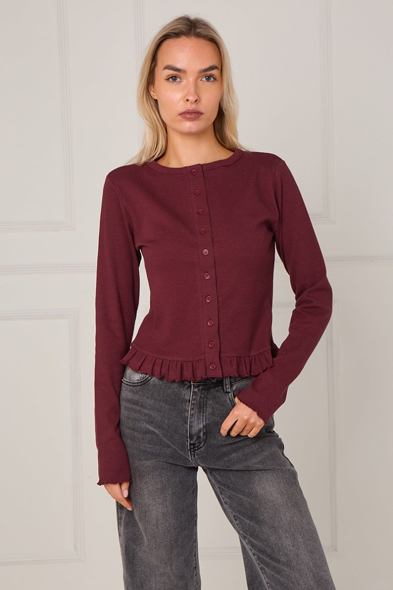 Ribbed Frill Hem Button Up Top - Akira