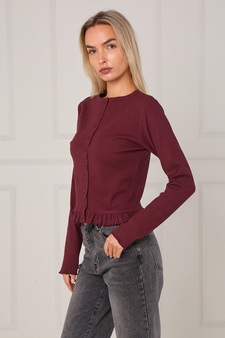 Ribbed Frill Hem Button Up Top - Akira