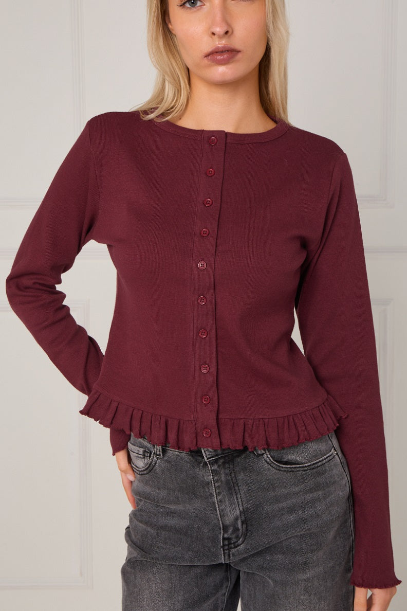 Ribbed Frill Hem Button Up Top - Akira
