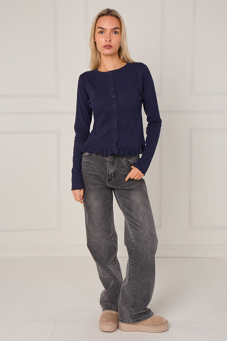 Ribbed Frill Hem Button Up Top - Akira