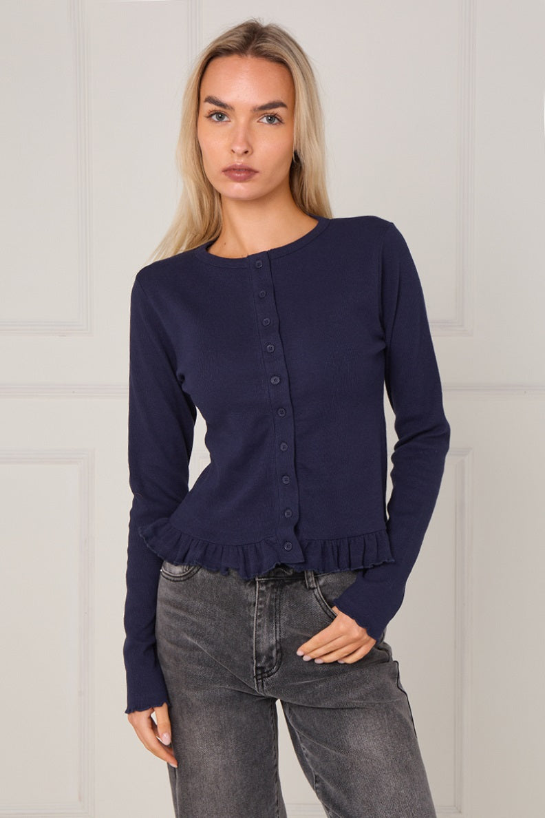 Ribbed Frill Hem Button Up Top - Akira