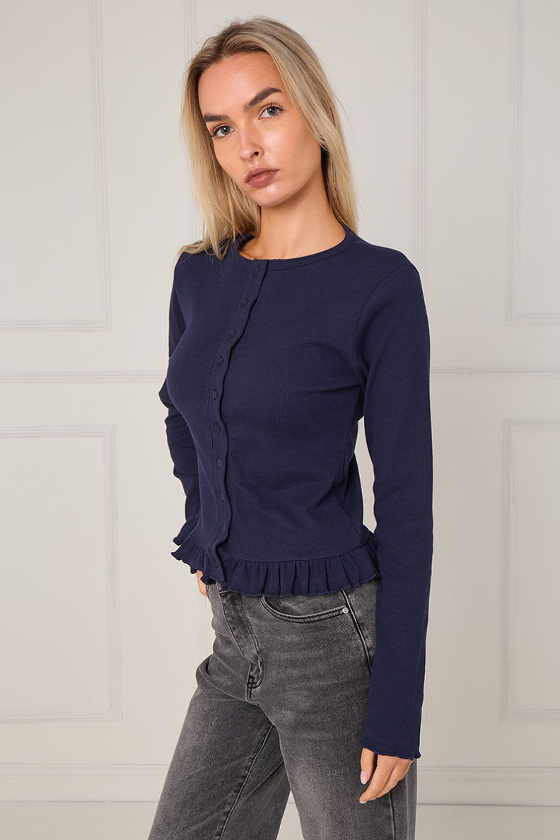 Ribbed Frill Hem Button Up Top - Akira