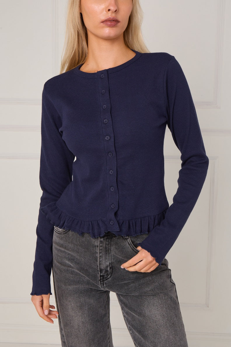 Ribbed Frill Hem Button Up Top - Akira