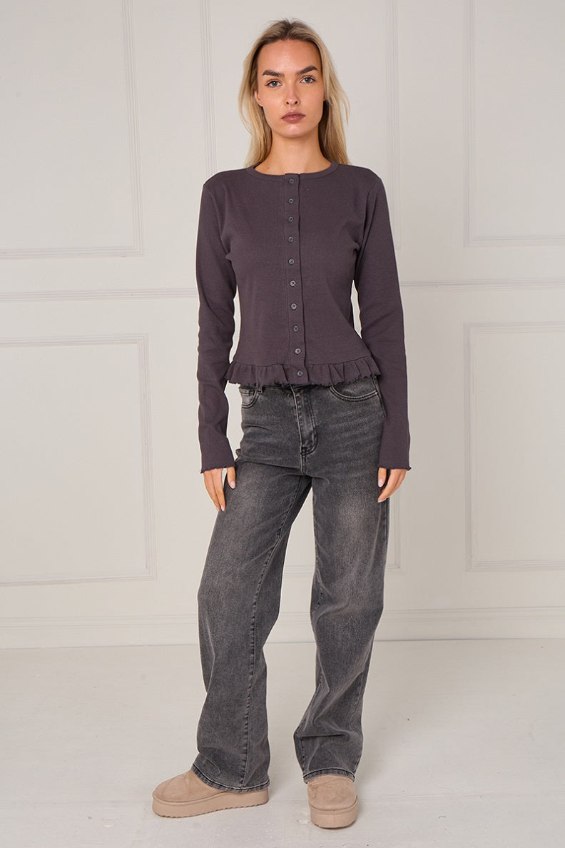 Ribbed Frill Hem Button Up Top - Akira