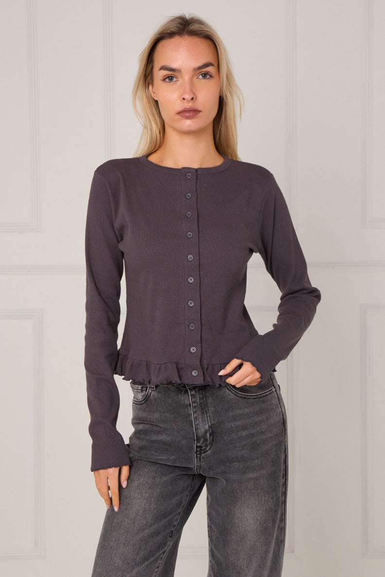 Ribbed Frill Hem Button Up Top - Akira