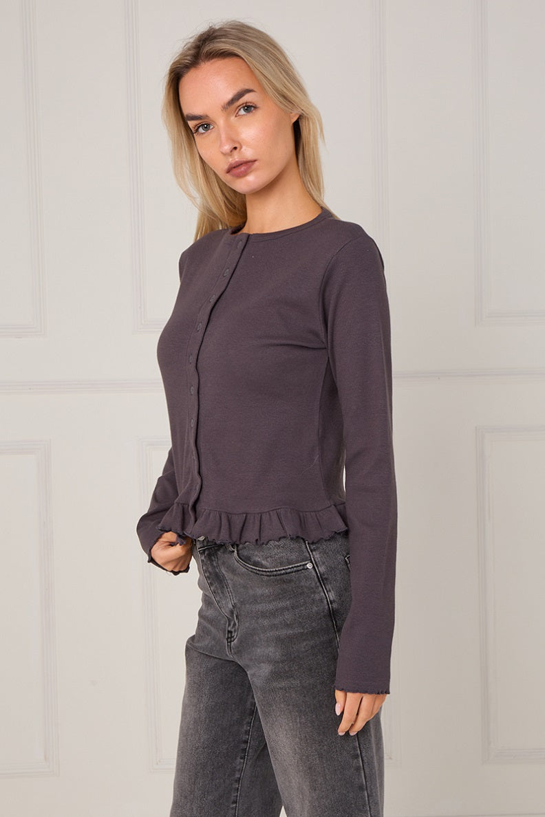 Ribbed Frill Hem Button Up Top - Akira