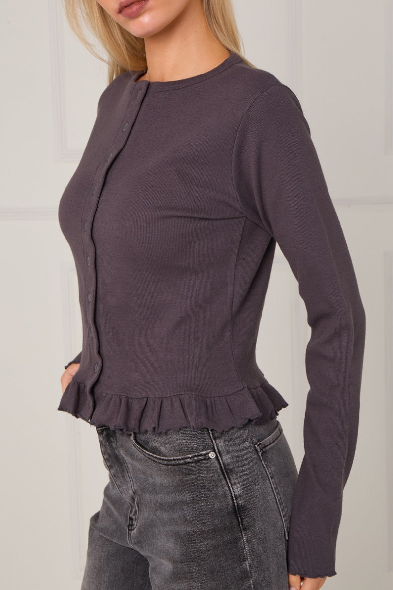Ribbed Frill Hem Button Up Top - Akira