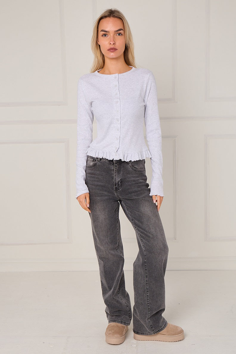 Ribbed Frill Hem Button Up Top - Akira