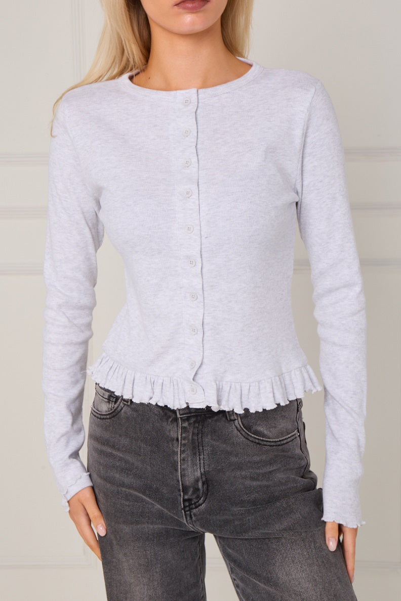 Ribbed Frill Hem Button Up Top - Akira