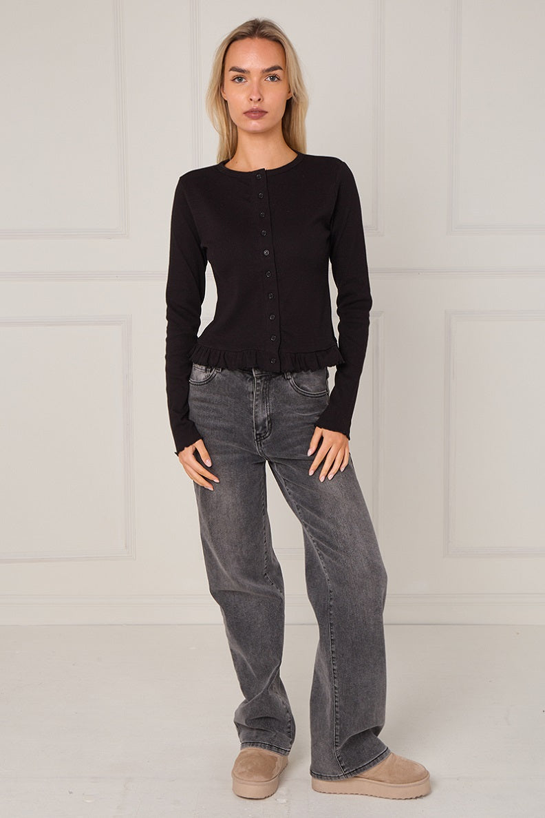 Ribbed Frill Hem Button Up Top - Akira