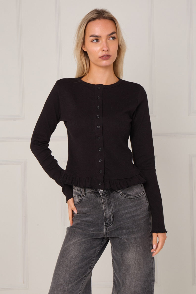 Ribbed Frill Hem Button Up Top - Akira