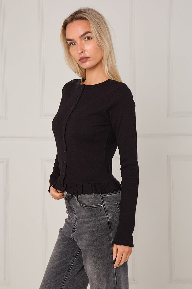 Ribbed Frill Hem Button Up Top - Akira